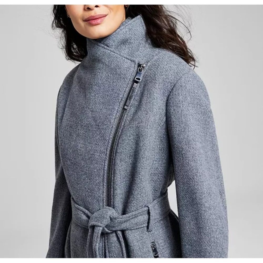 Calvin Klein Grey Women's Wool Blend Angled Twill Wrap Belted Coat Size XS - Picture 4 of 15